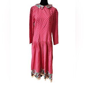 Vintage Ann Marie Red Floral Cottagecore Maxi Dress Size 12 Drop Waist Collared